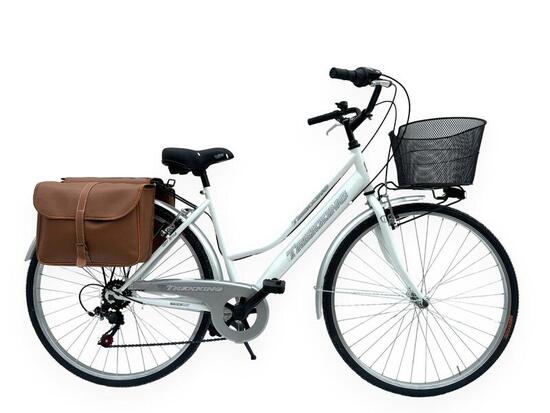 Bicicletta Donna Passeggio 28 Bici Con Cambio Cestino E Borse Posteriori Bianca