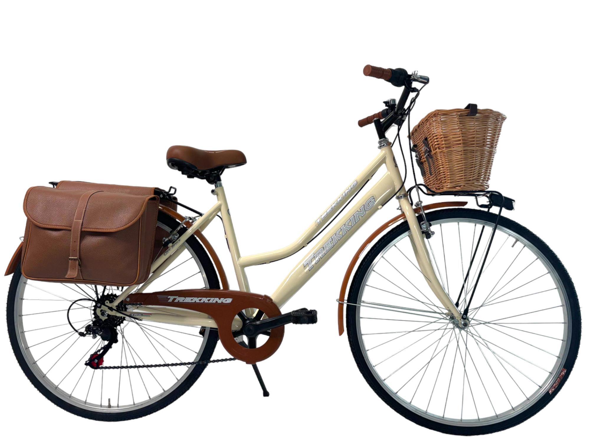 MADICKS Bicicletta Donna Passeggio Misura 28 Beige con Cambio, Borse e Cestino in Vimini