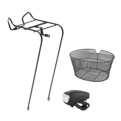 KIT PORTACESTO ANTERIORE 26 + CESTO OVALE NERO+ FANALINO ANTERIORE-BICI OLANDA