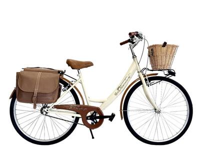 Bicicletta Donna Da Passeggio Beige Monotubo 26 Bici Da Città Con Borse E Vimini