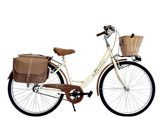 Bicicletta Donna Da Passeggio Beige Monotubo 26 Bici Da Città Con Borse E Vimini