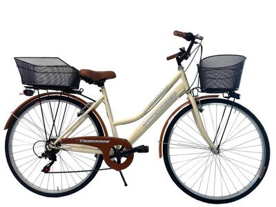 Bicicletta Donna Passeggio Misura 28 Bici da città Beige con Cambio e 2 Cestini