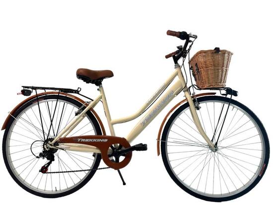 Bicicletta Donna Passeggio Misura 28 Città Beige Con Cambio E Cestino In Vimini