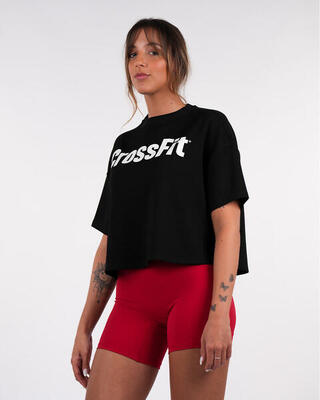 Damen T-Shirt mit Logo Print - Oversized Crop, Schwarz