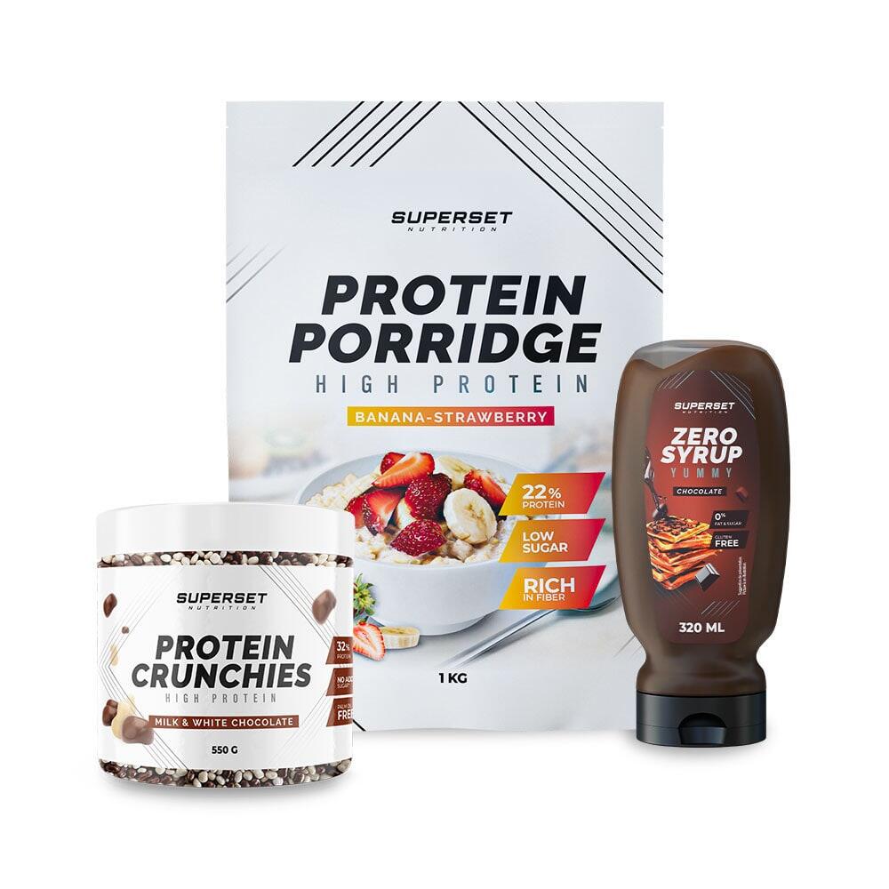 PACK PETIT-DÉJ – PORRIDGE - PROTEIN CRUNCHIES Lait & Chocolat Blanc + ZERO SYRUP 1/5