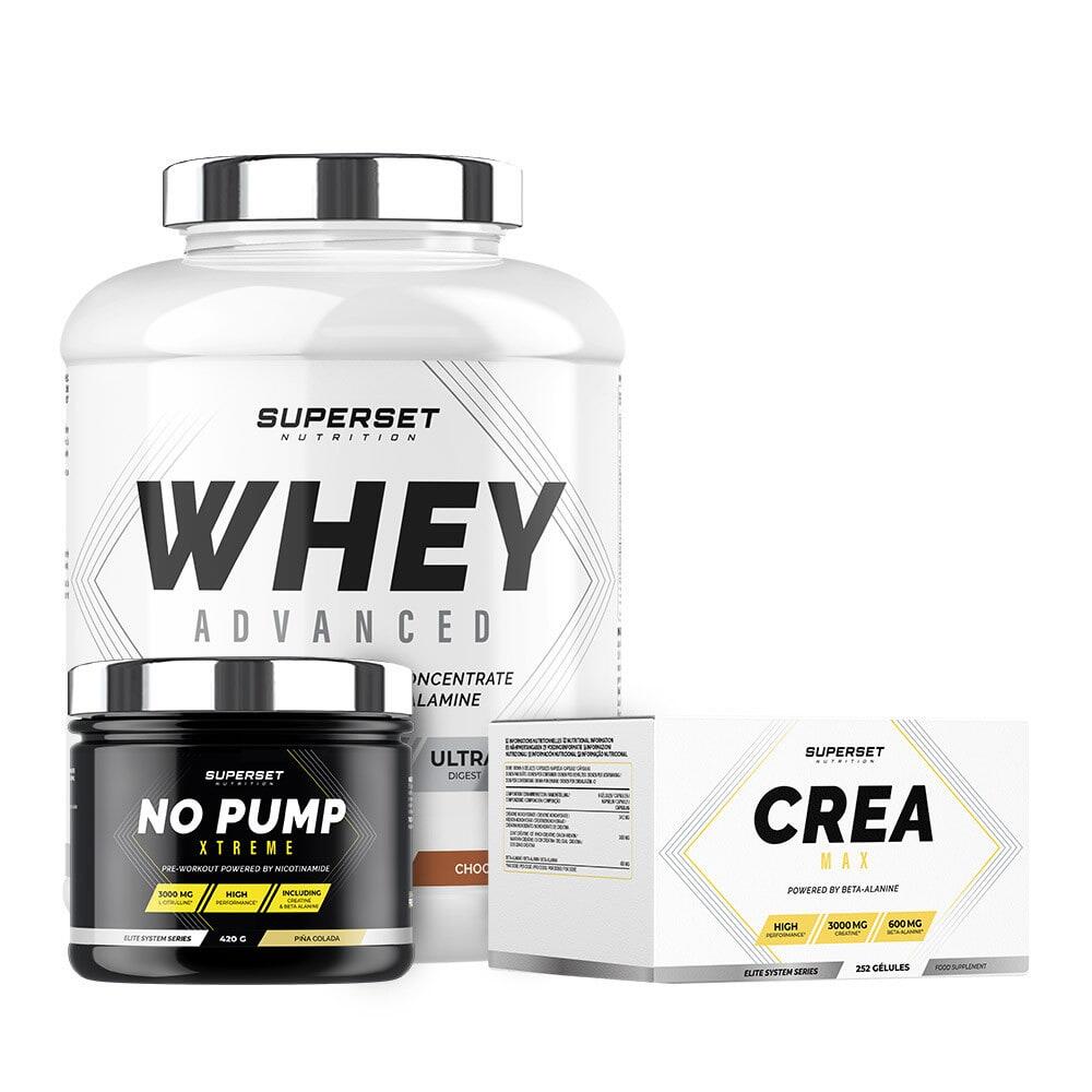 SUPERSET NUTRITION Bevestigd programma voor droge spieropbouw - Wei-eiwit - Creatine - Pre-workout