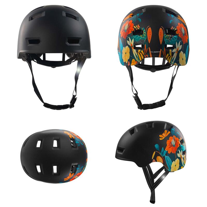 Casco de skate y bici | Flor Negra L (57-61 cm) | Certificado EN1078