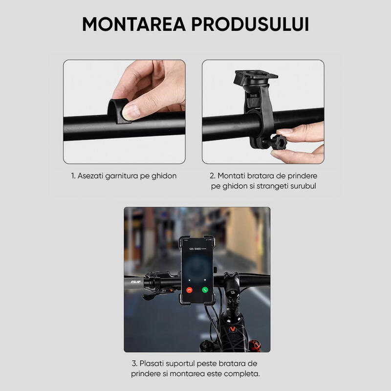 Suport telefon bicicleta, moto, trotineta, telefoane max 18.3 cm, rotativ 360