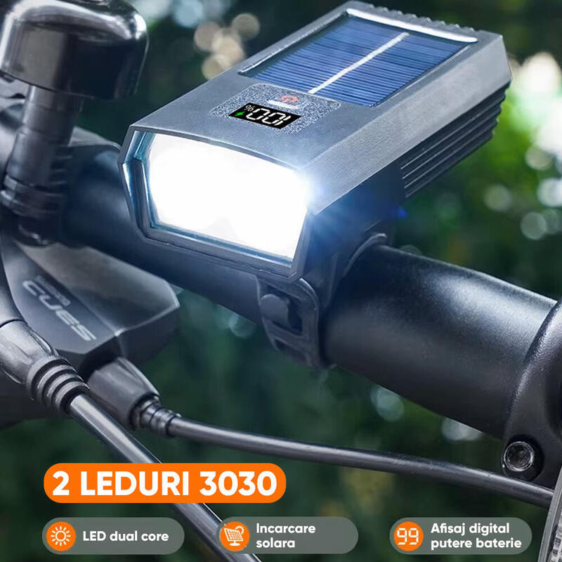 Far bicicleta, 200 lm, unghi larg vizibilitate 155 grade, incarcare solara, USB