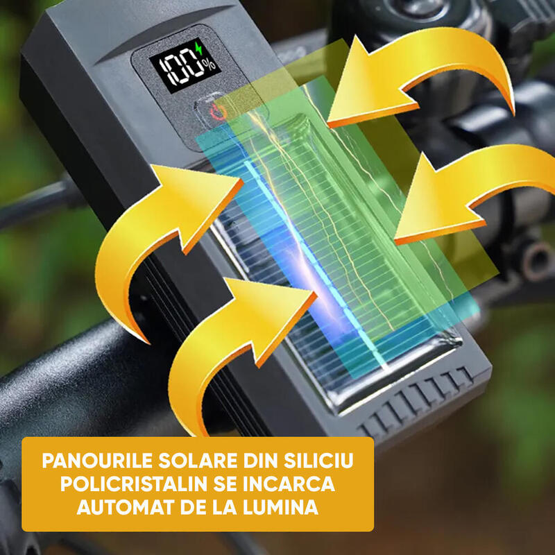Far bicicleta, 200 lm, unghi larg vizibilitate 155 grade, incarcare solara, USB
