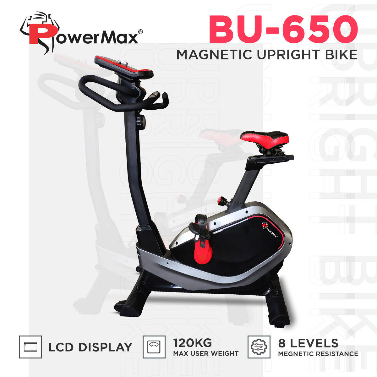 PowerMax Fitness® BU-650 Magnetic Upright Exercise Bike for Home Use [6Kg Flywheel, Max User Weight 120kg, LCD Display, 8-Level Adjustable Resistance & Anti-slip Pedal] Black colour -  2