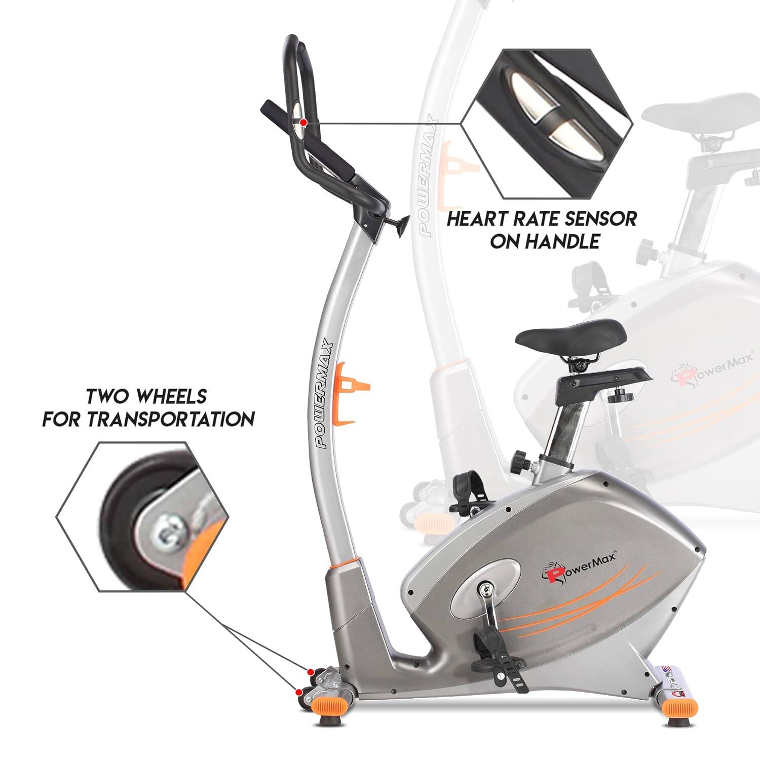 PowerMax Fitness® BU-750 Exercise Upright Bike with Hand Pulse, Adjustable Resistance, Water Bottle Cage, 9KG Flywheel for Cardio Training Workout at Home, Silver shine colour