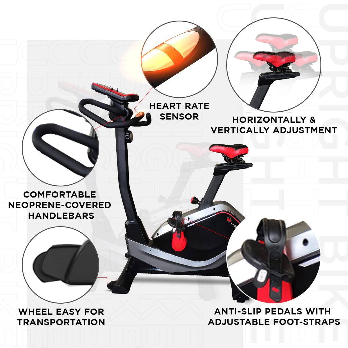 PowerMax Fitness® BU-650 Magnetic Upright Exercise Bike for Home Use [6Kg Flywheel, Max User Weight 120kg, LCD Display, 8-Level Adjustable Resistance & Anti-slip Pedal] Black colour -  3