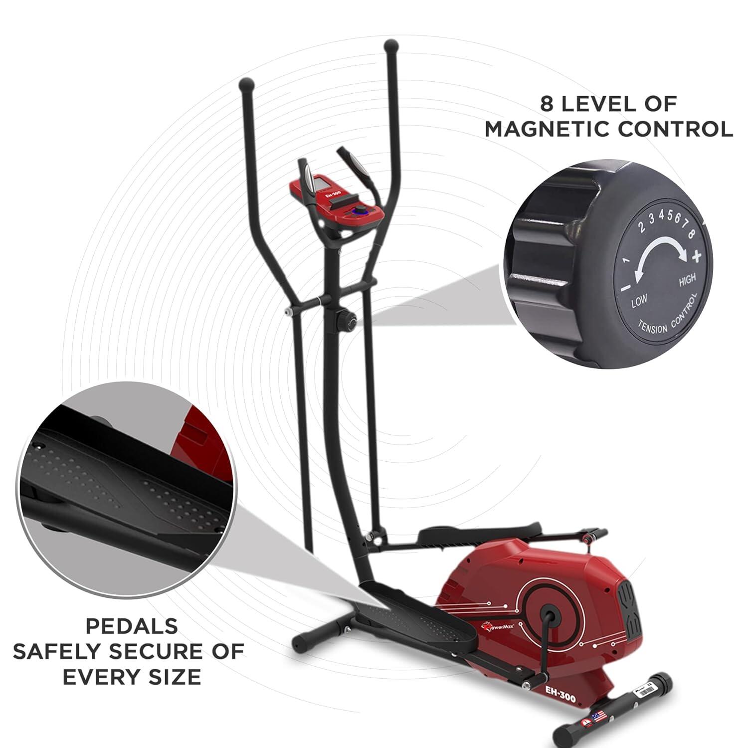 PowerMax EH-300 Elliptical Cross Trainer for Home Gym Workout Machine Adjustable Seat, LCD Display,Max User Weight 100kg, Hand Pulse Sensor, Anti Slip Pedal & 8 Level Resistance, Flywheel: 6KG Red