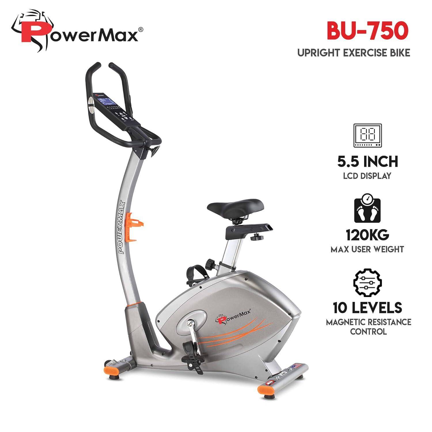 PowerMax Fitness® BU-750 Exercise Upright Bike with Hand Pulse, Adjustable Resistance, Water Bottle Cage, 9KG Flywheel for Cardio Training Workout at Home, Silver shine colour -  2