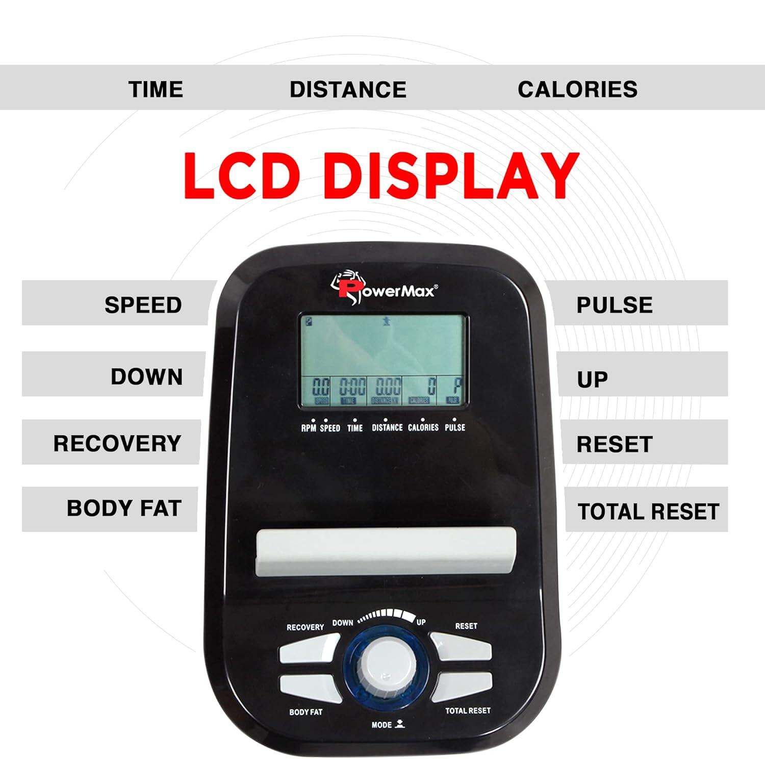 PowerMax EH-300 Elliptical Cross Trainer for Home Gym Workout Machine Adjustable Seat, LCD Display,Max User Weight 100kg, Hand Pulse Sensor, Anti Slip Pedal & 8 Level Resistance, Flywheel: 6KG Red