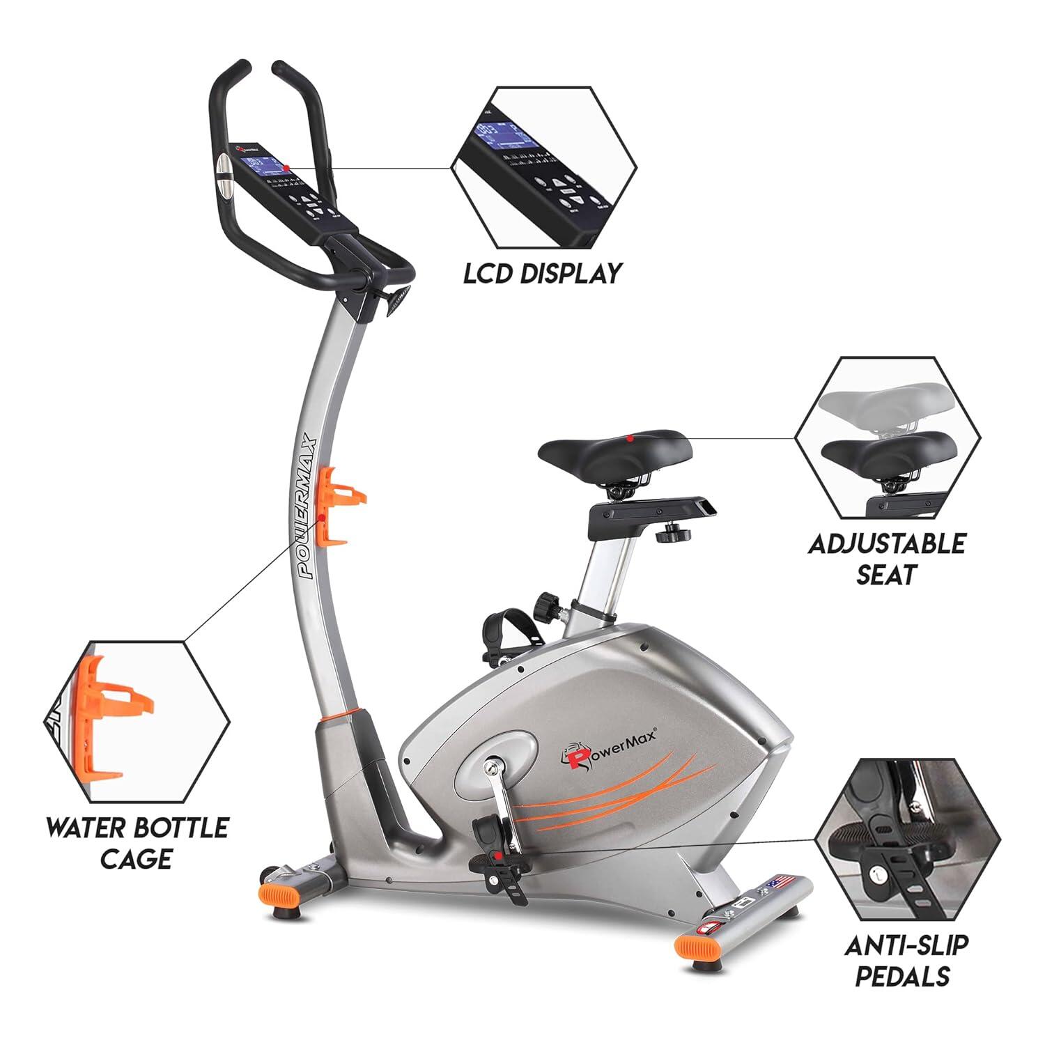 PowerMax Fitness® BU-750 Exercise Upright Bike with Hand Pulse, Adjustable Resistance, Water Bottle Cage, 9KG Flywheel for Cardio Training Workout at Home, Silver shine colour