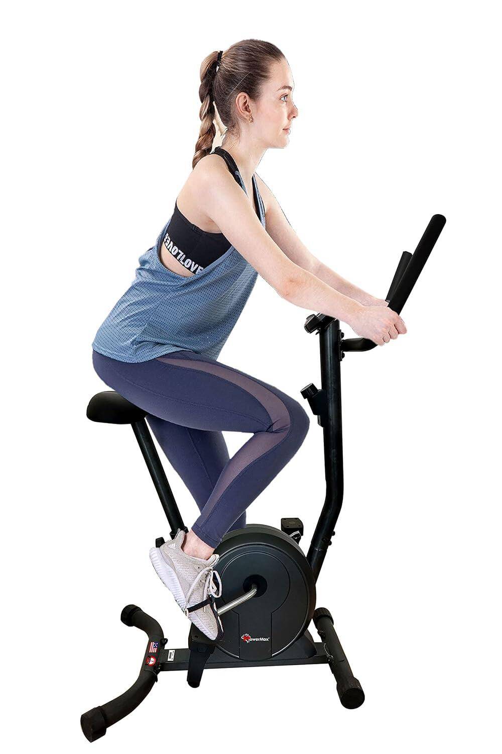 PowerMax Fitness® BU-300 Magnetic Exercise Upright Bike for Home [Flywheel:2kg, Max User Weight:100kg, LCD Display, Vertical Seat Adjustment] Black Bike -  1