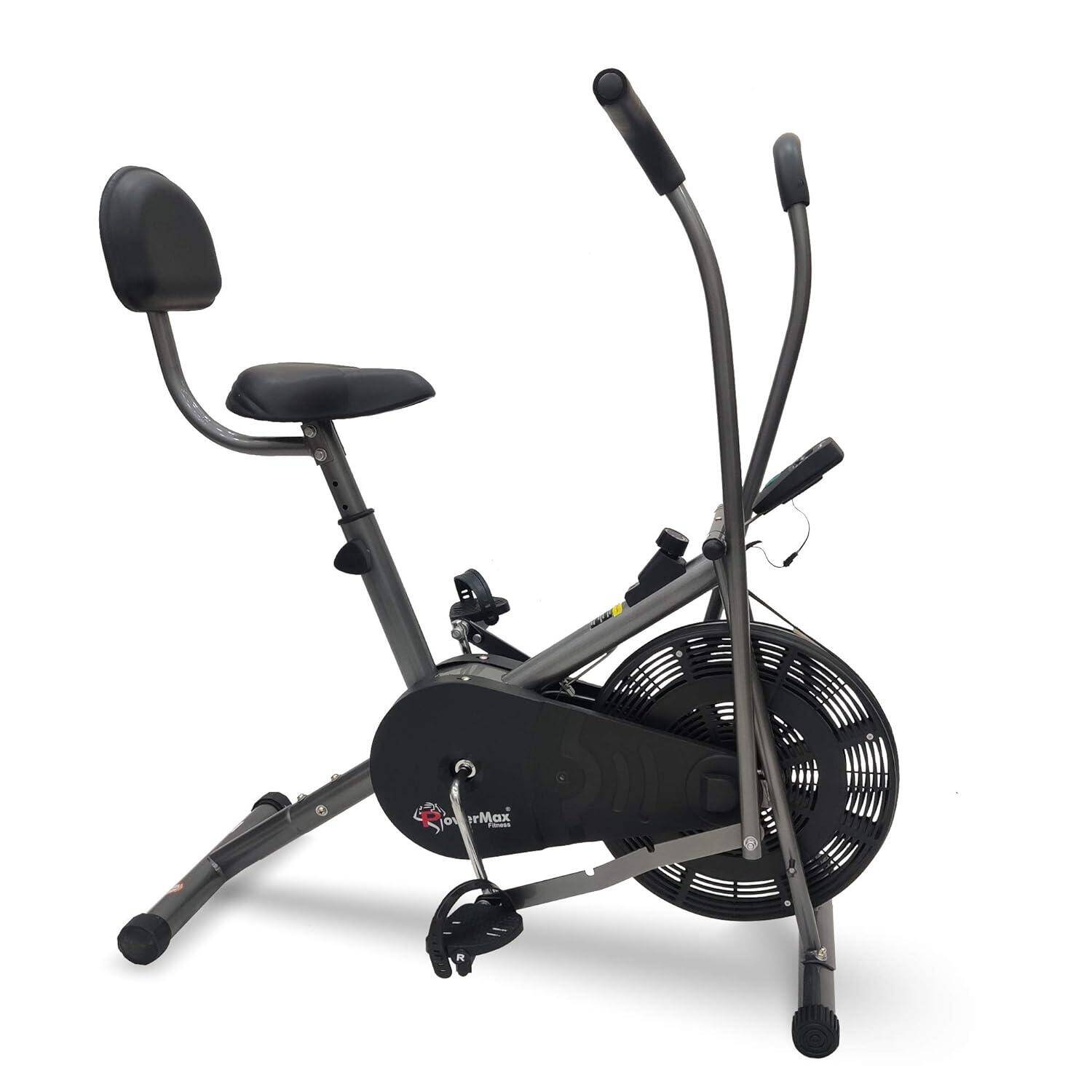 PowerMax Fitness BU-201 Dual Action Air Bike/Exercise Bike for Home _PIPE_Gym Cycle for Workout With Adjustable Cushioned Seat _