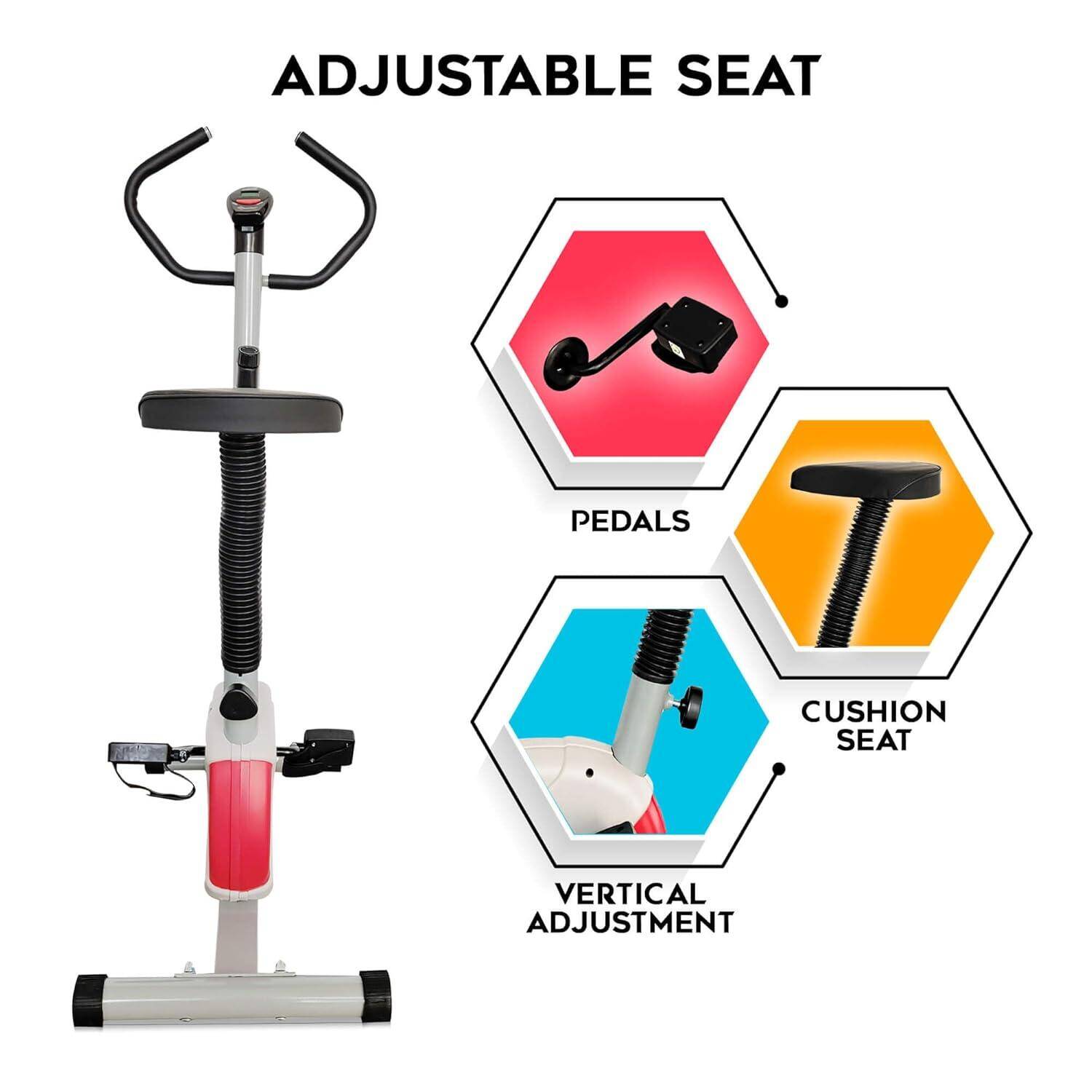 PowerMax Fitness® BU-200 Exercise Upright Bike Exercise Cycle for Home Gym - Dual Action for Full Body Workout - Adjustable Resistance, Height Adjustable seat, Without Back Rest, White colour -  3