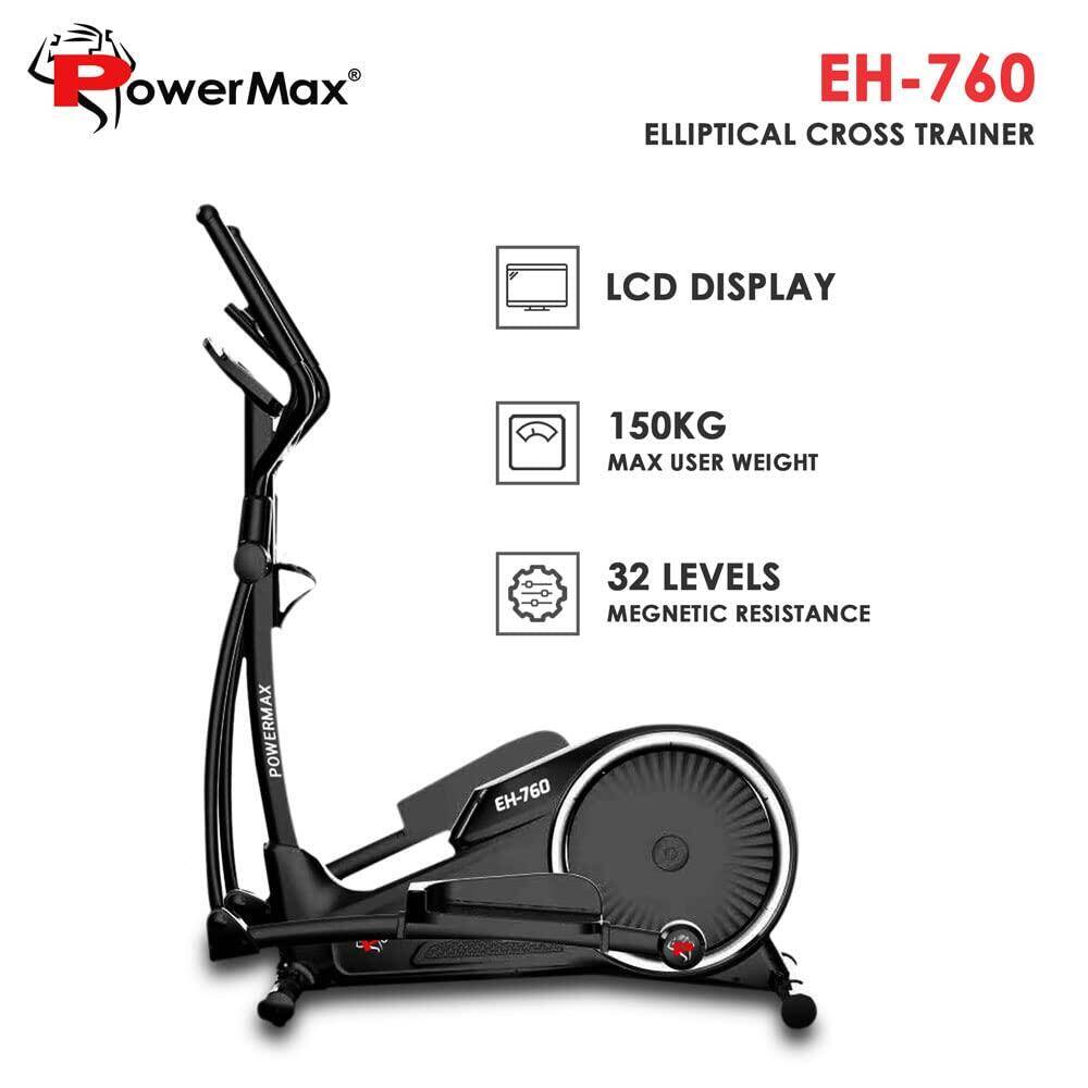 PowerMax Fitness® EH-760 Elliptical Cross Trainer with Water Bottle Cage, Preset Programs, Max User Weight 150kg,Motorized Magnetic Brake System and LCD Display, Home Gym Workout Machine, Black -  2