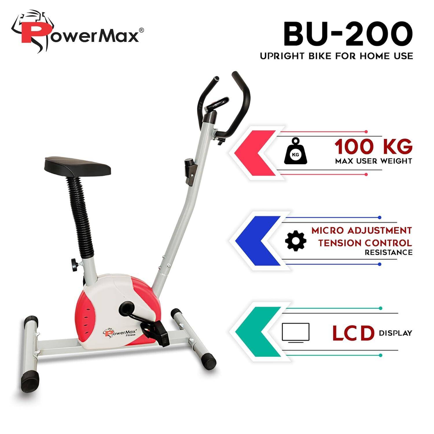 PowerMax Fitness® BU-200 Exercise Upright Bike Exercise Cycle for Home Gym - Dual Action for Full Body Workout - Adjustable Resistance, Height Adjustable seat, Without Back Rest, White colour -  2