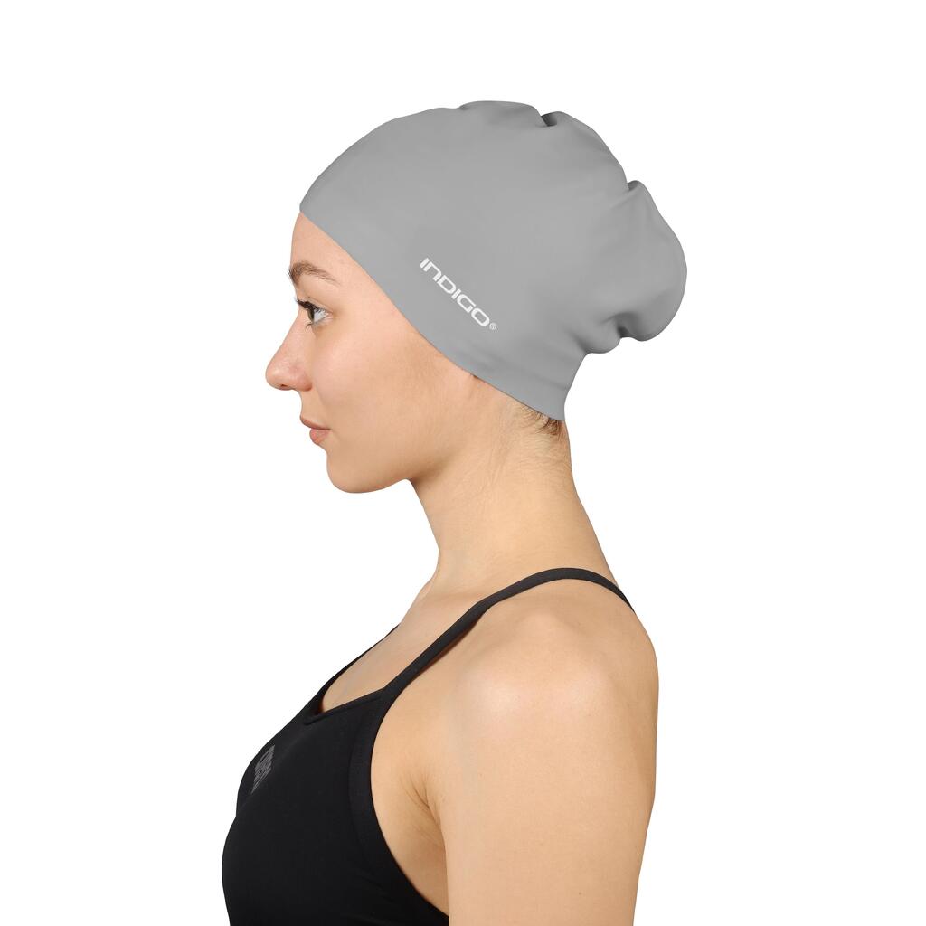 INDIGO Silicone Swimming Cap for Long Hair Grey