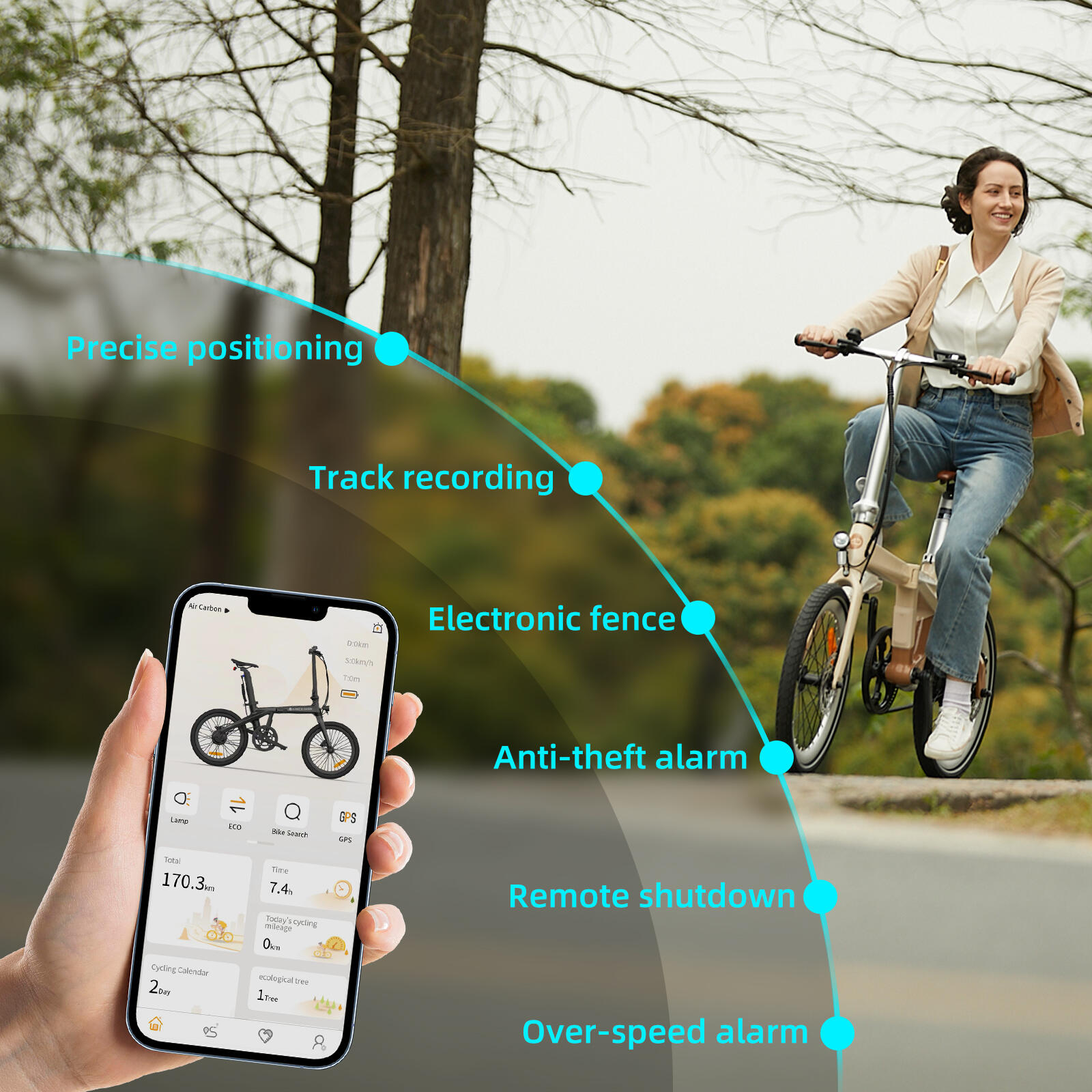 Bici elettrica Pieghevole ADO CarbonPro,EBike con Trasmissione a Cinghia,GPS,LCD 5/7