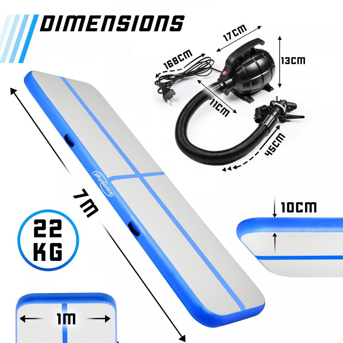 Tapis Air Track PHYSIONICS 700x100x10 cm PVC bleu + pompe 600W 3/7
