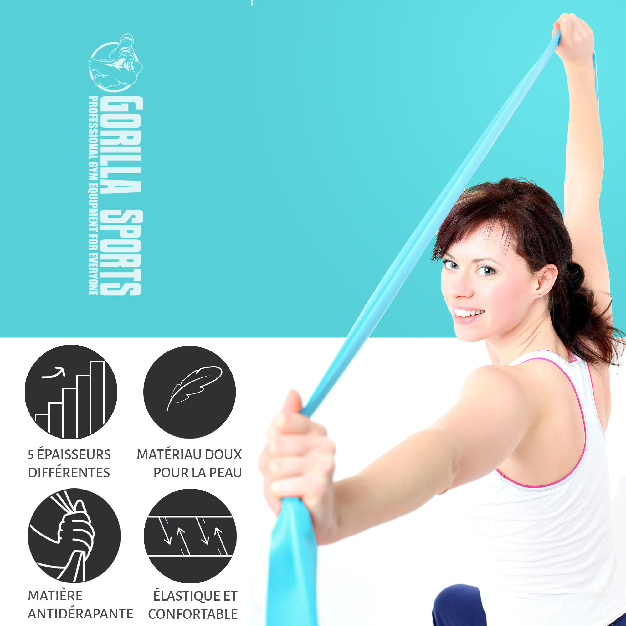 Taśma fitnes guma oporowa 120 cm turkusowa Gorilla Sports 2/7