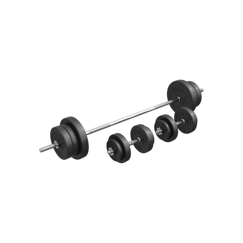 SET D'HALTÈRES 70KG AVEC DISQUES PLASTIQUES + BARRE LONGUE 170CM | MUSCULATION