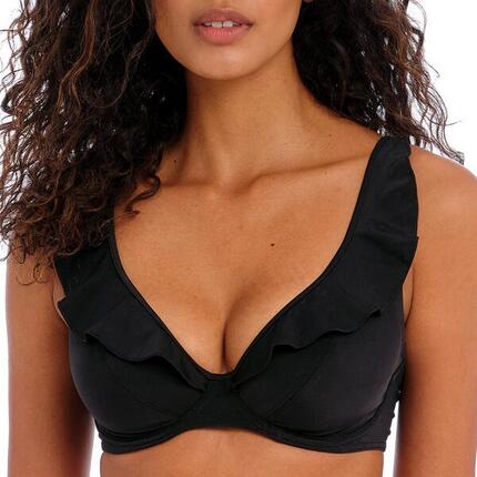 Top de bikini liso Jewel Cove con escote pronunciado y detalle de volante