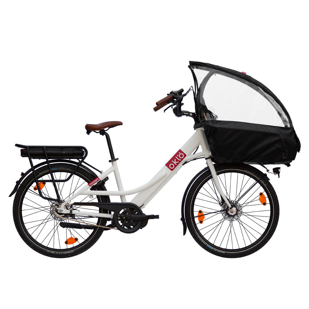 Velo cargo compact electrique Famileo 7 vitesses Blanc accessoires enfant OKLO Decathlon