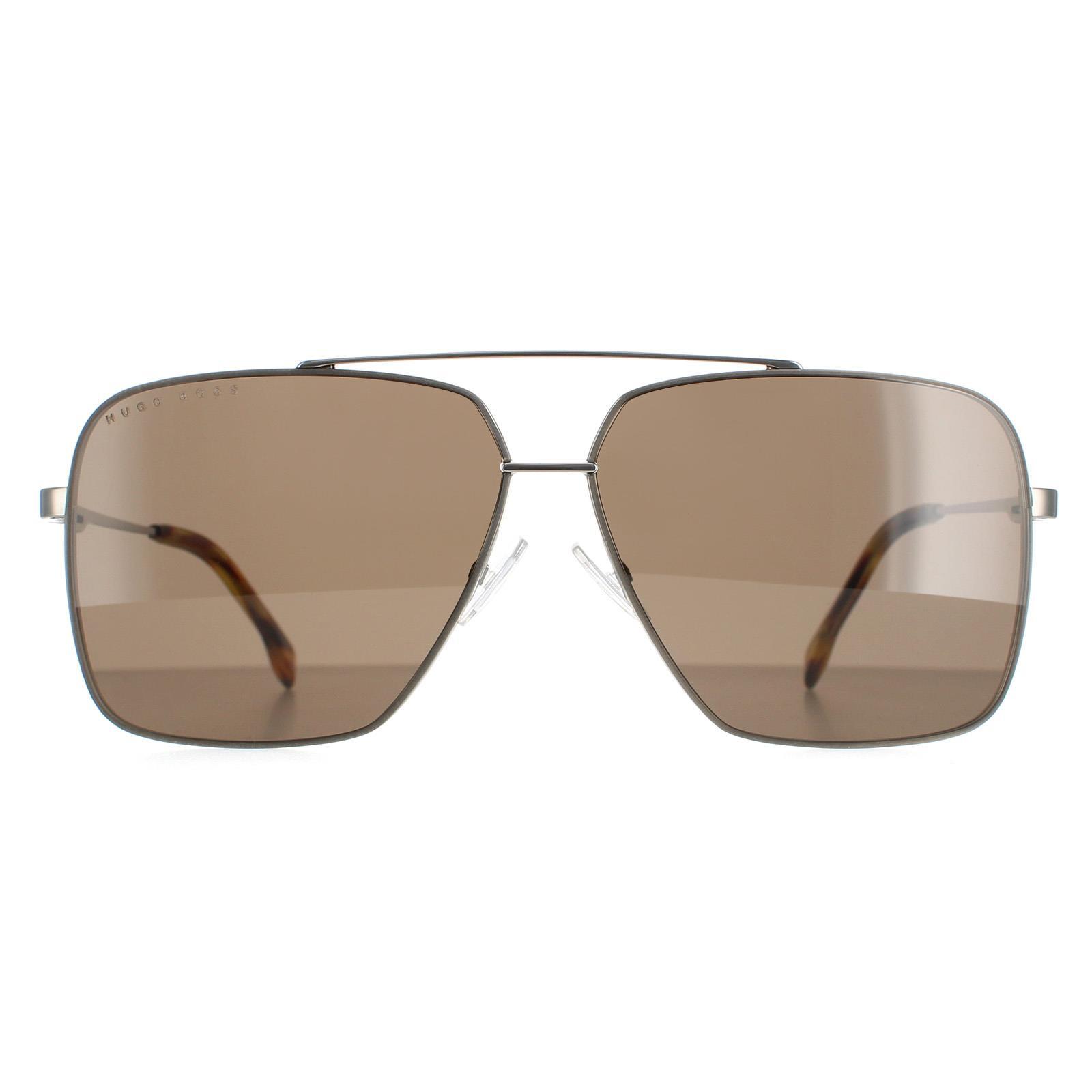 Hugo Boss Round Mens Brown Horn Ruthenium Brown Sunglasses