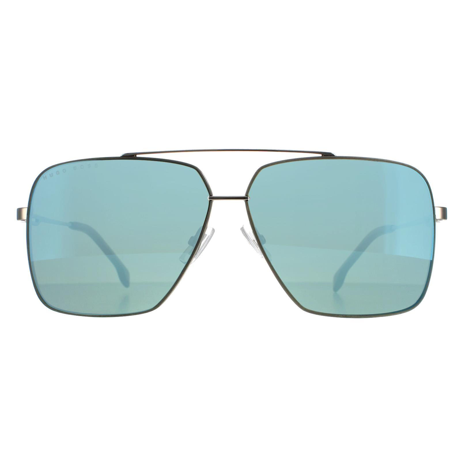 Hugo Boss Round Mens Ruthenium Havana Kaki Blue Mirror Sunglasses