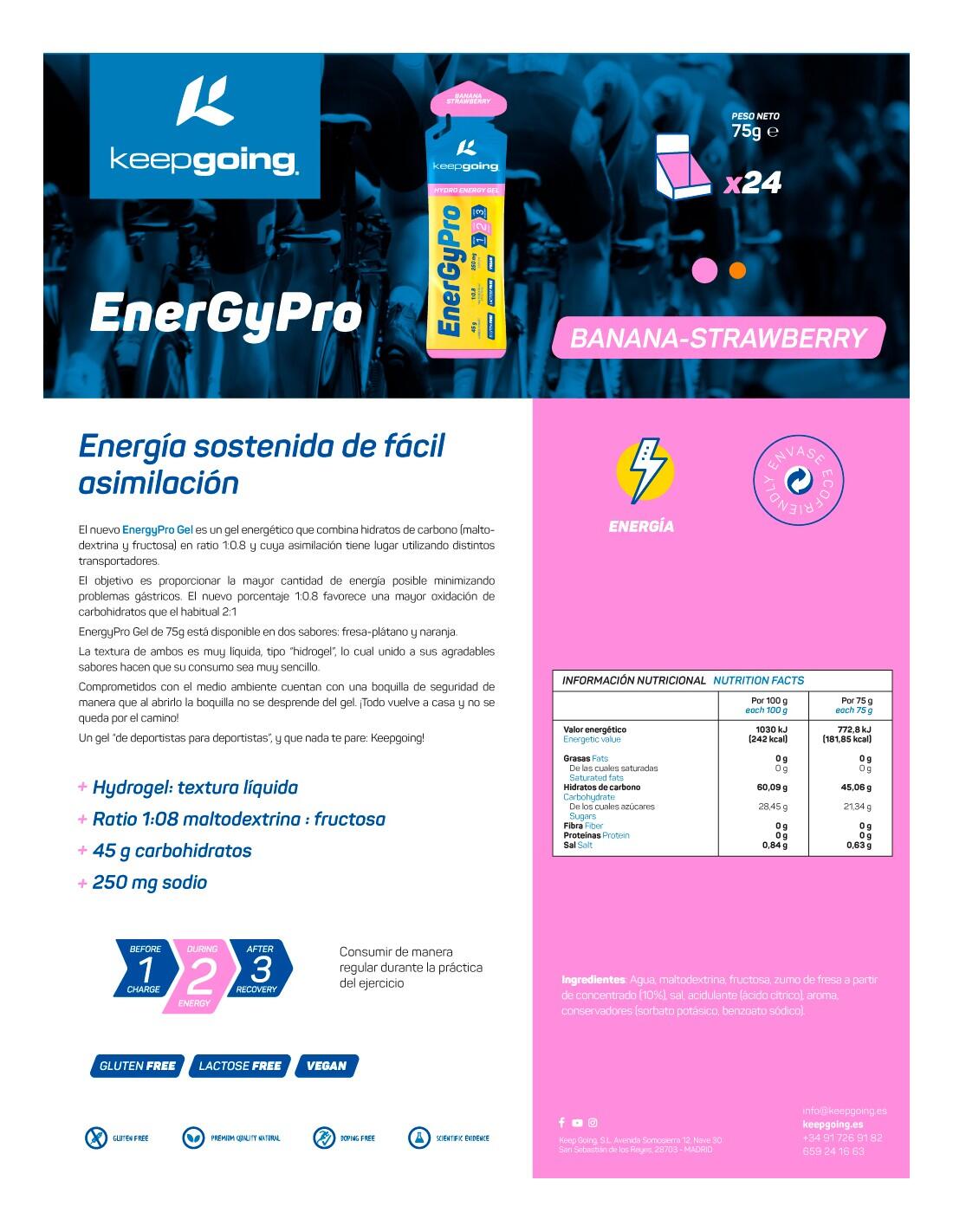 Gel Energético Energía Pro "EnergyPro Gel" Sabor Fresa y Plátano 24 x 75g 4/5