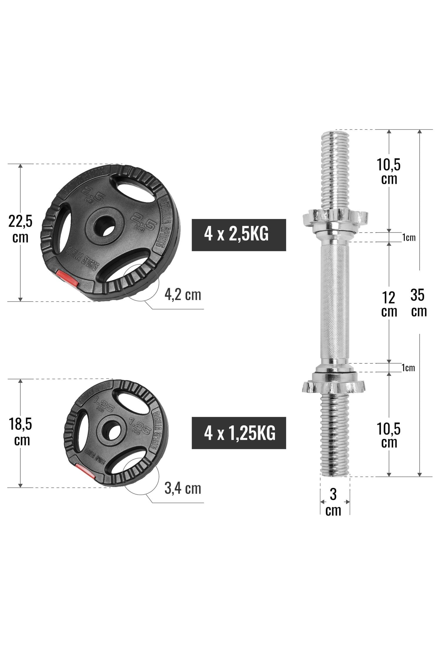KIT HALTÈRES COURT 20KG AVEC DISQUES PLASTIQUES GRIP | MUSCULATION | 30MM/31MM 3/7