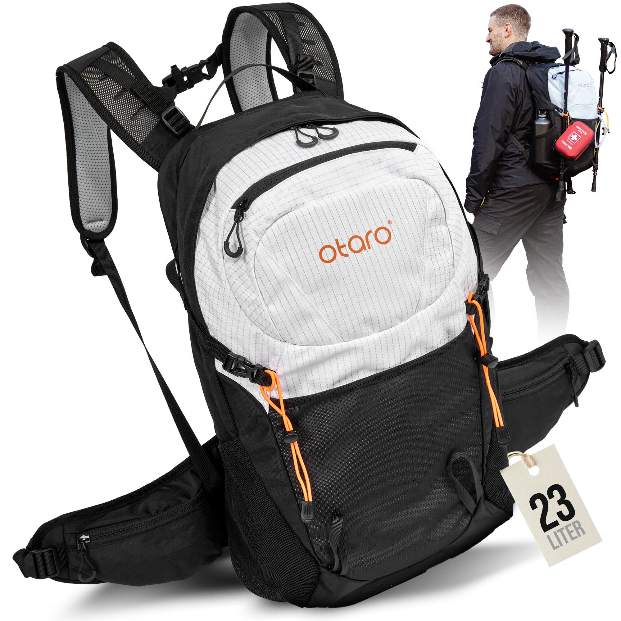 Otaro - Sac À Dos De Randonnée Avec Housse De Pluie - Léger, Unisexe | 23l Blanc - Sac À Dos - Blanc|noir|orange - 23 L - Decathlon