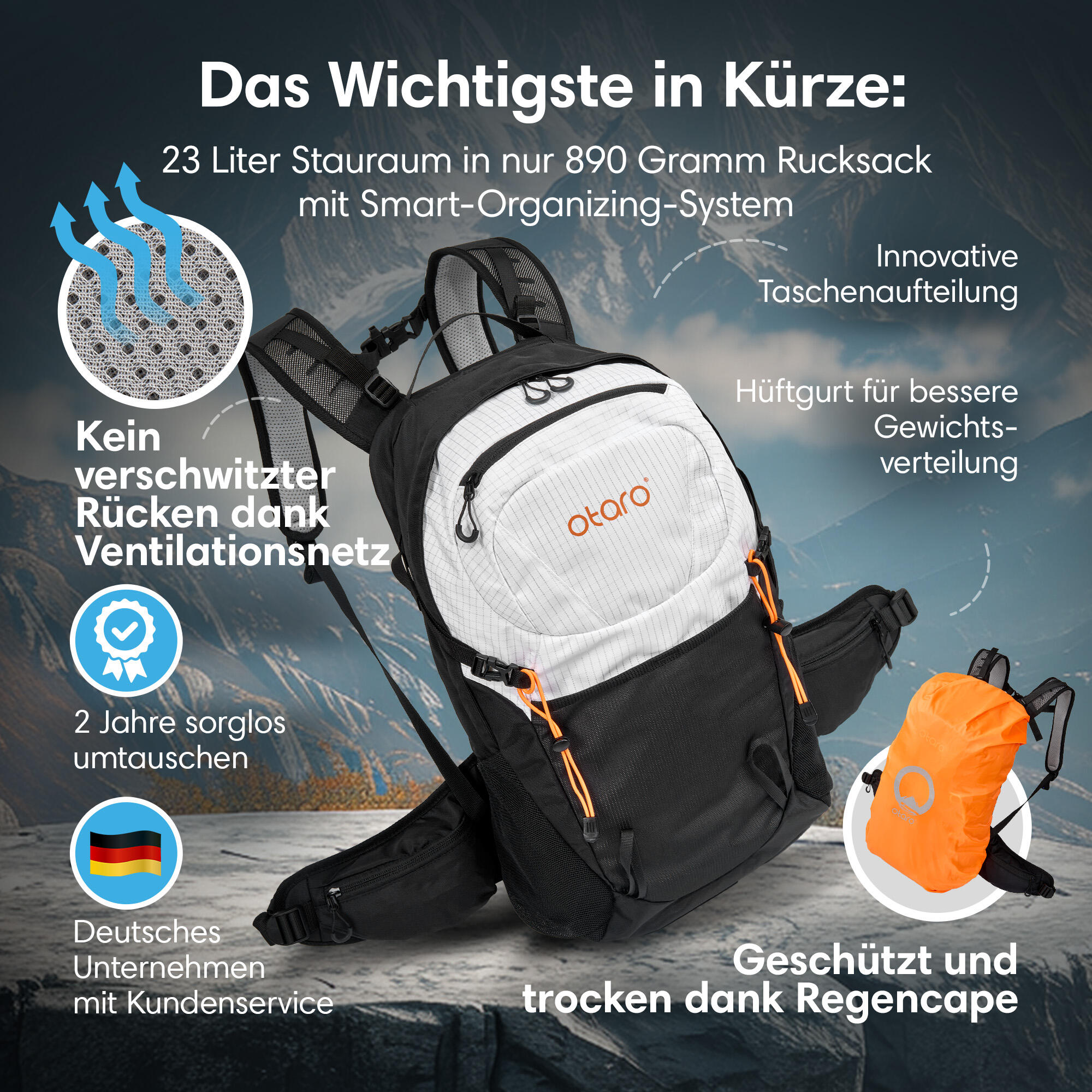 Wandelrugzak met regenhoes - Lichtgewicht uniseks trekkingrugzak | 23L Wit 6/7