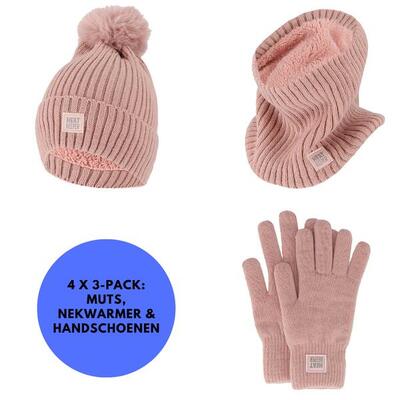 Thermoset dames - handschoenen/muts/nekwarmer - roze - 4x set