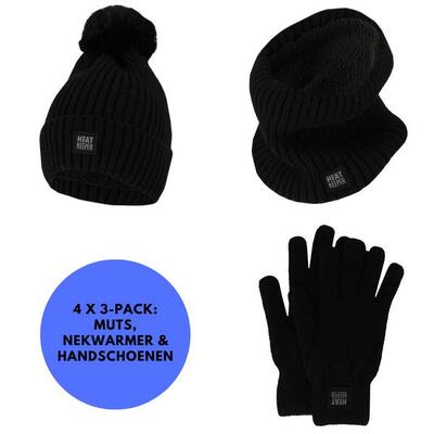 Thermoset dames - handschoenen/muts/nekwarmer - zwart - 4x set