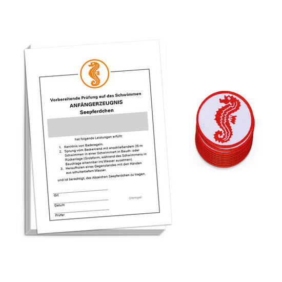 Schwimmabzeichen-Set Seepferdchen mit Zeugnis Mit Bügelbeschichtung, rund