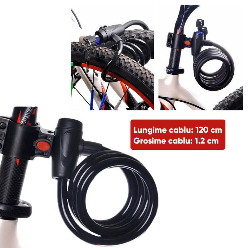 Antifurt bicicleta cu cheie, suport prindere, cablu 120 cm, potrivire universala