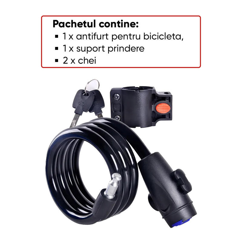 Antifurt bicicleta cu cheie, suport prindere, cablu 120 cm, potrivire universala