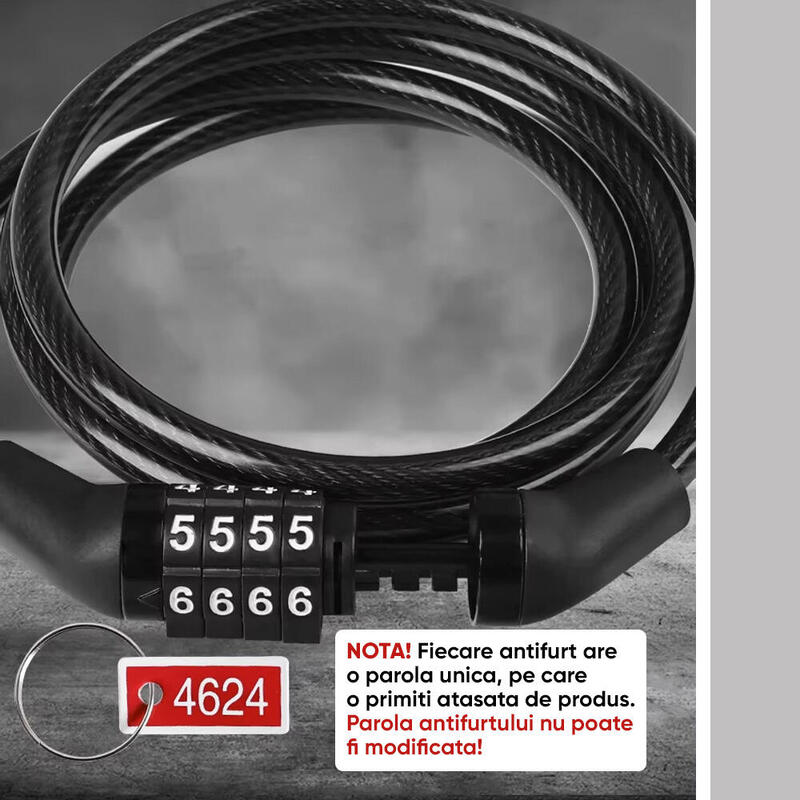 Antifurt bicicleta cifru din 4 cifre, lungime cablu 110 cm, potrivire universala