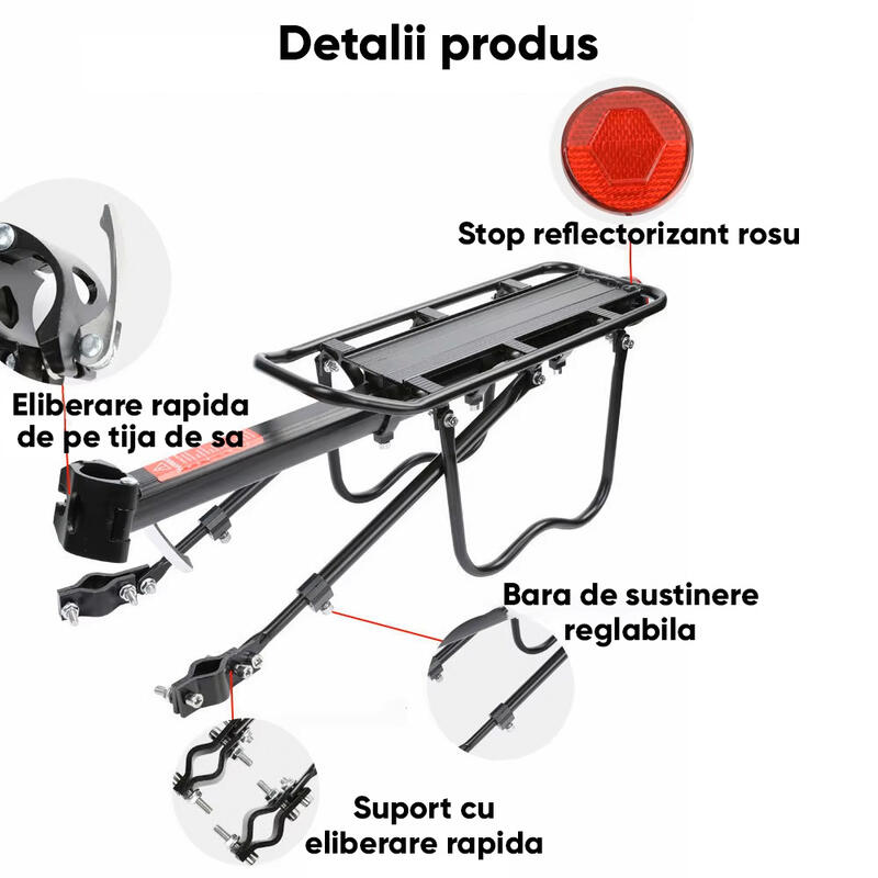 Portbagaj bicicleta MTB cu stop reflectorizant rosu, sarcina maxima 50 kg