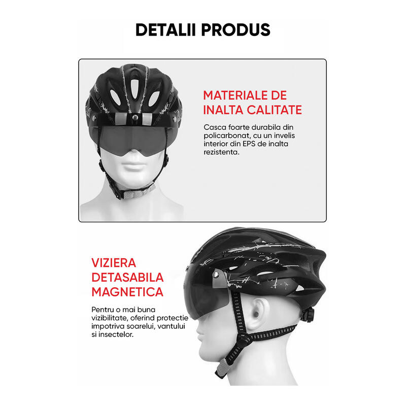 Casca bicicleta, viziera detasabila magnetica, aerodinamica, marimea L 56-61 cm