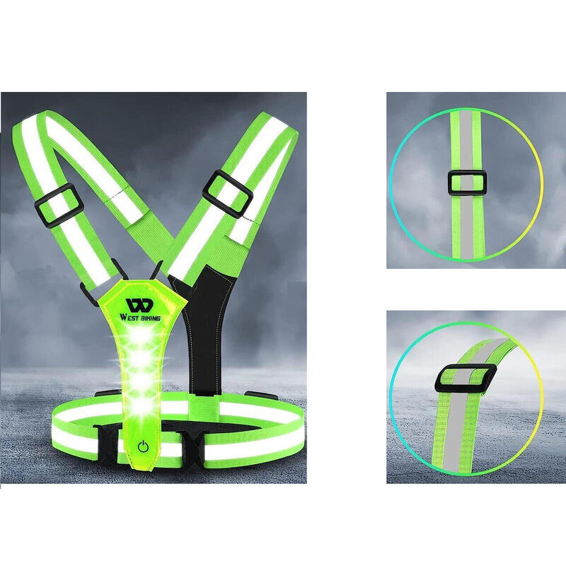 Vesta reflectorizanta bicicleta, ajustabila, 3 moduri de iluminare, LED, verde
