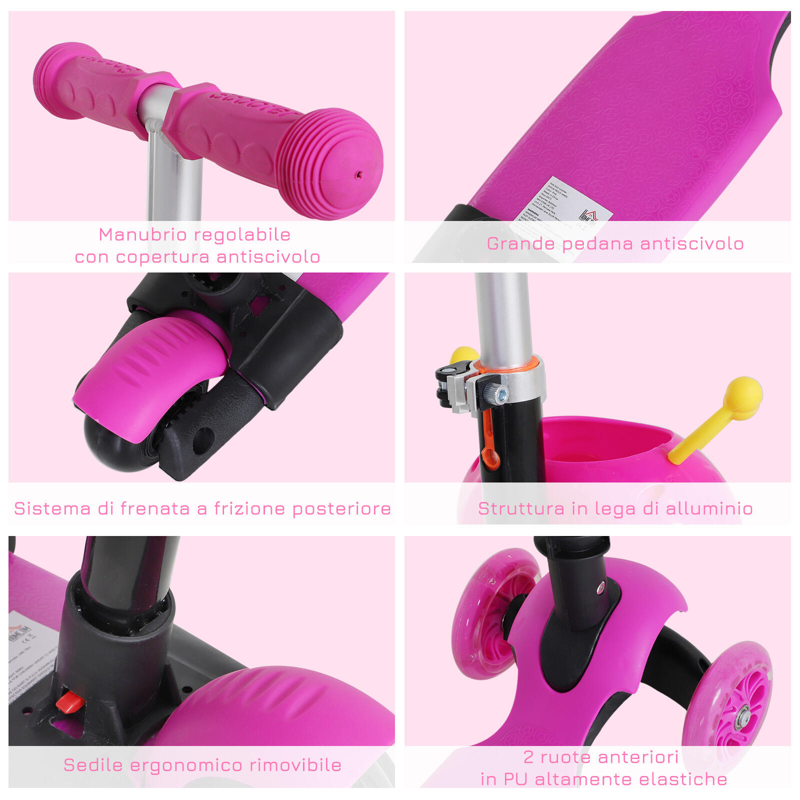 HOMCOM Monopattino 3 Ruote per Bambini Sedile e Maniglione Altezza Regolabile 7/7