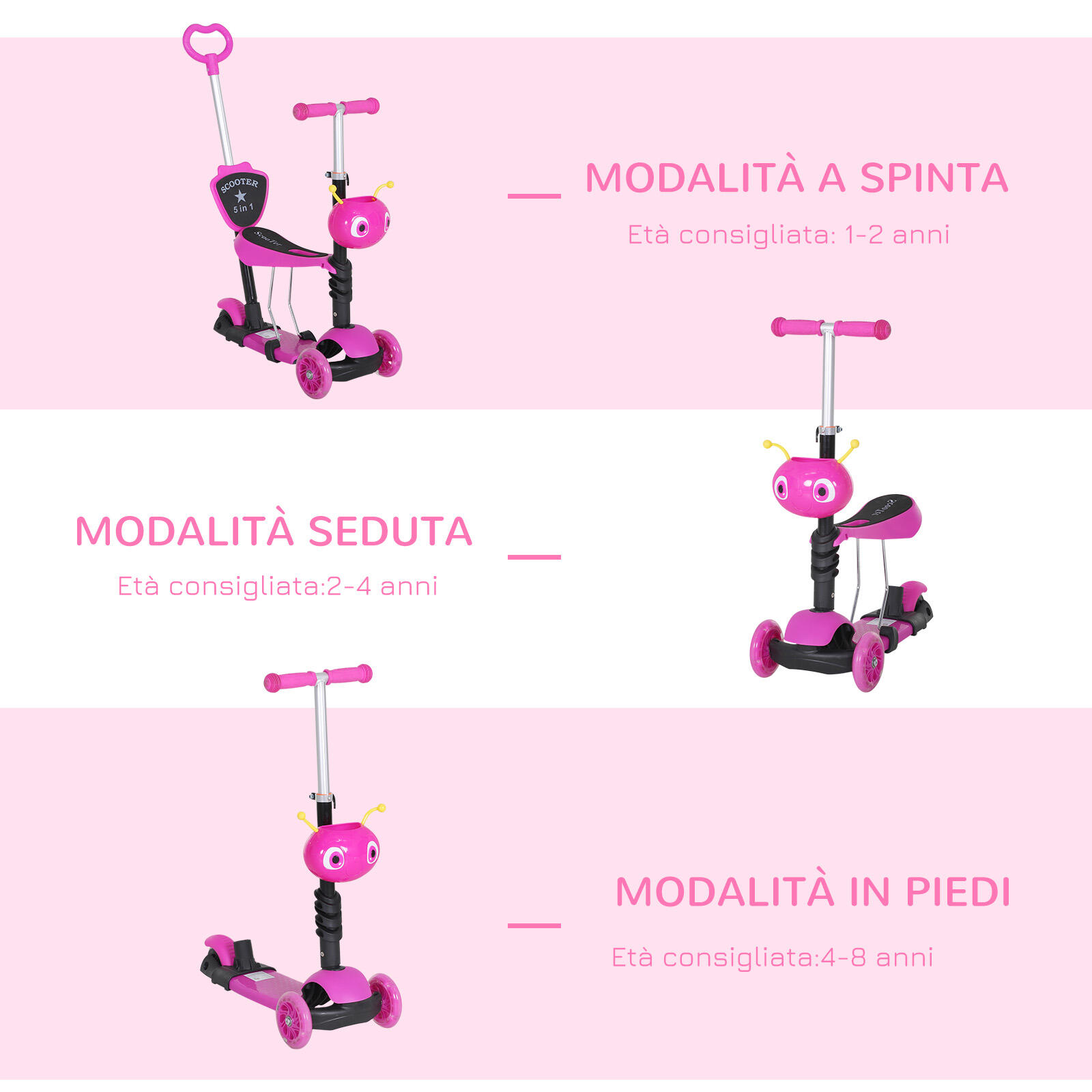 HOMCOM Monopattino 3 Ruote per Bambini Sedile e Maniglione Altezza Regolabile 6/7